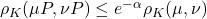     \rho_K(\mu P, \nu P) \leq e^{-\alpha} \rho_K(\mu, \nu)   